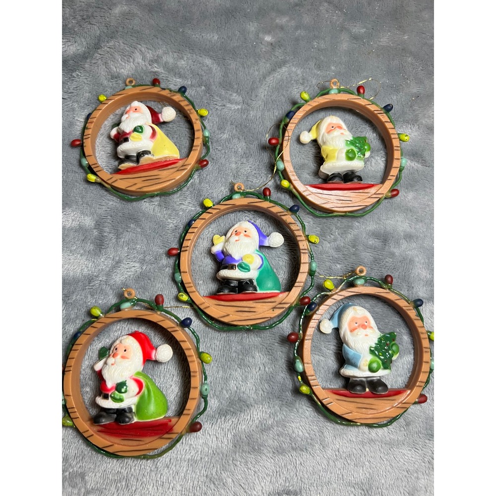 Vintage Colorful Santa Christmas Ornaments Wooden Frame Light Bulb Holiday Decor